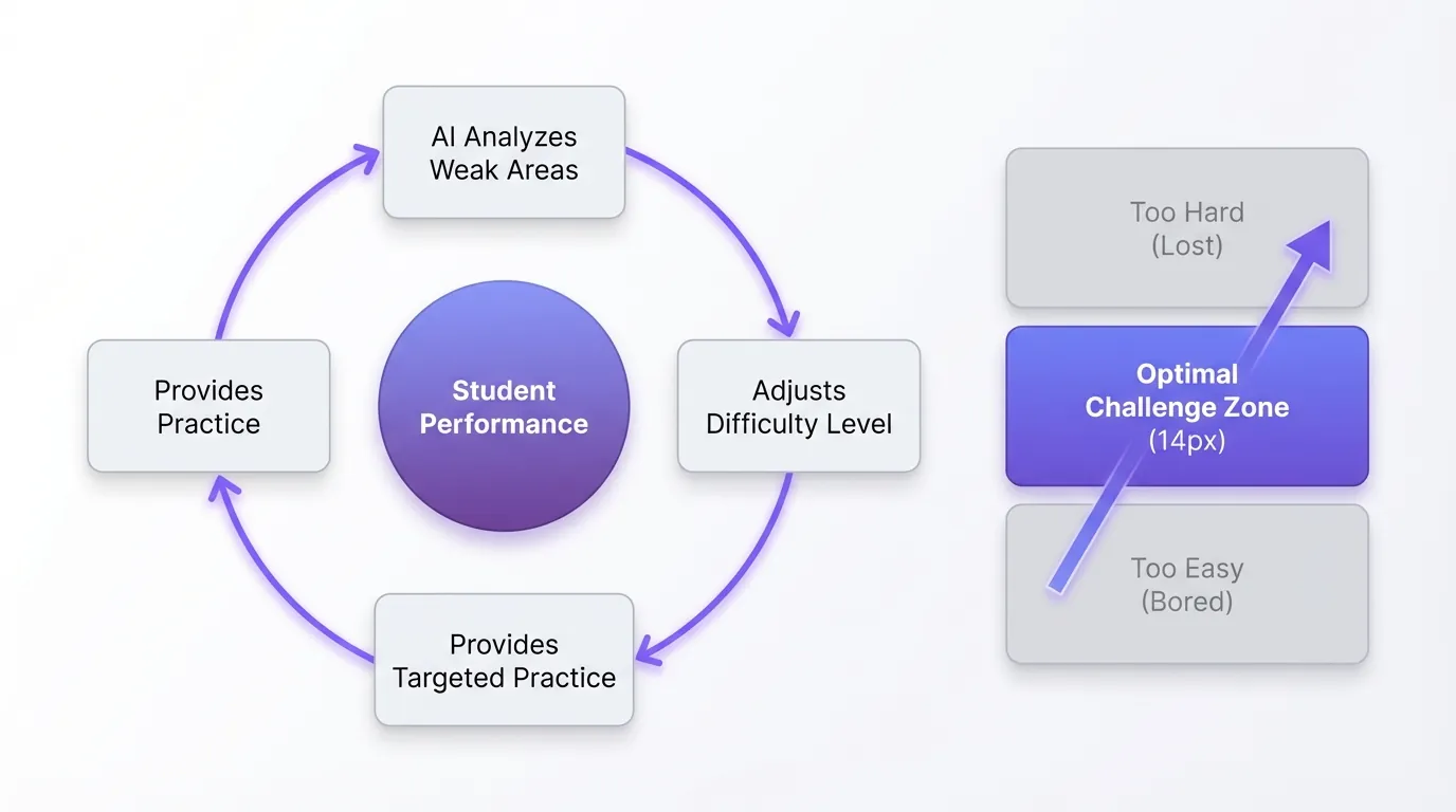 Educational flowchart showing adaptive learning cycle with center circle labeled 'Student Performance' connected by purple arrows to four stages: AI analyzes weak areas, adjusts difficulty level, provides targeted practice, creating continuous improvement loop. Side diagram shows optimal challenge zone between too easy and too hard difficulty levels with upward trending arrow.
