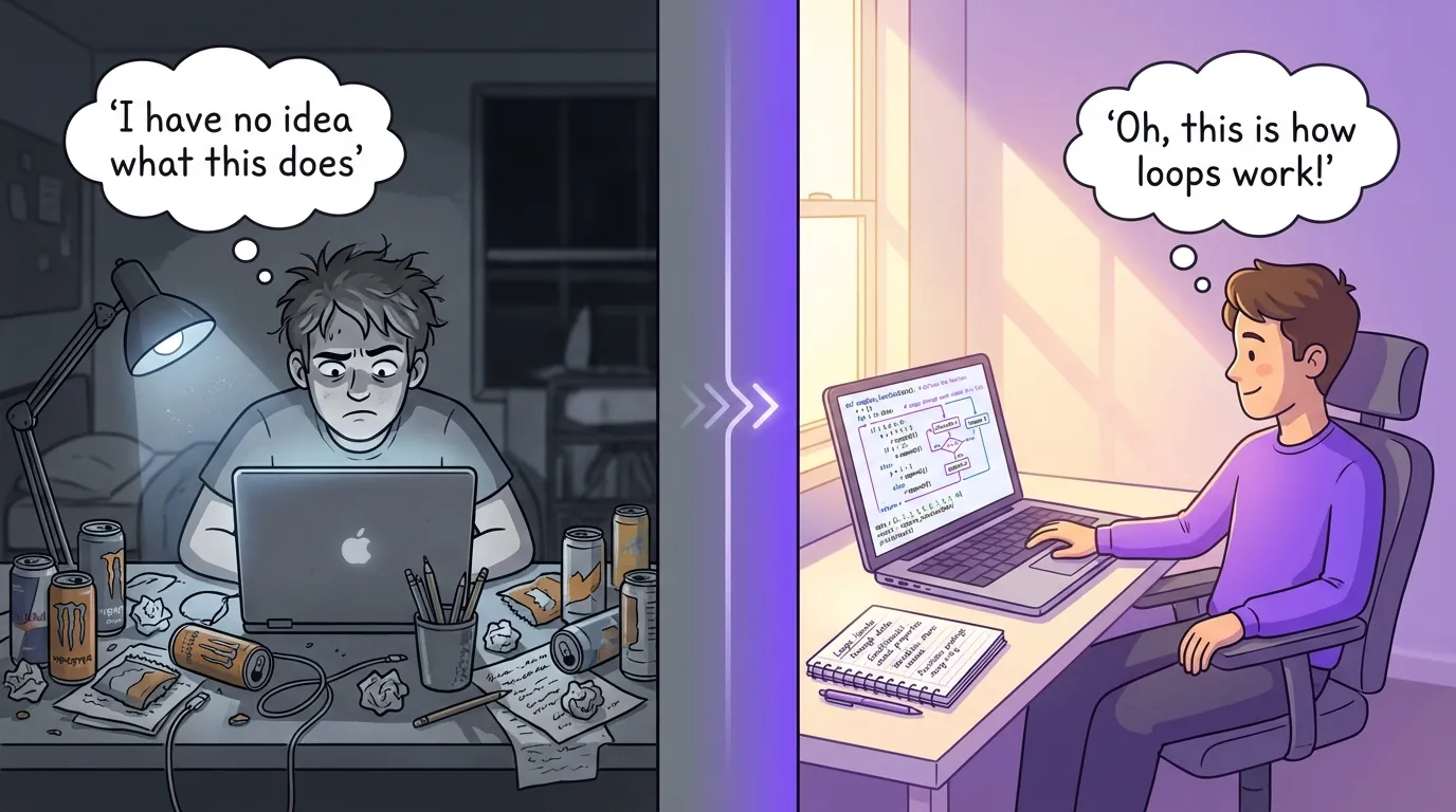 Split-screen illustration comparing two coding approaches: left side shows confused student copying AI code with thought bubble 'I have no idea what this does' in gray tones; right side shows confident student understanding annotated code with thought bubble 'Oh, this is how loops work!' highlighted in purple