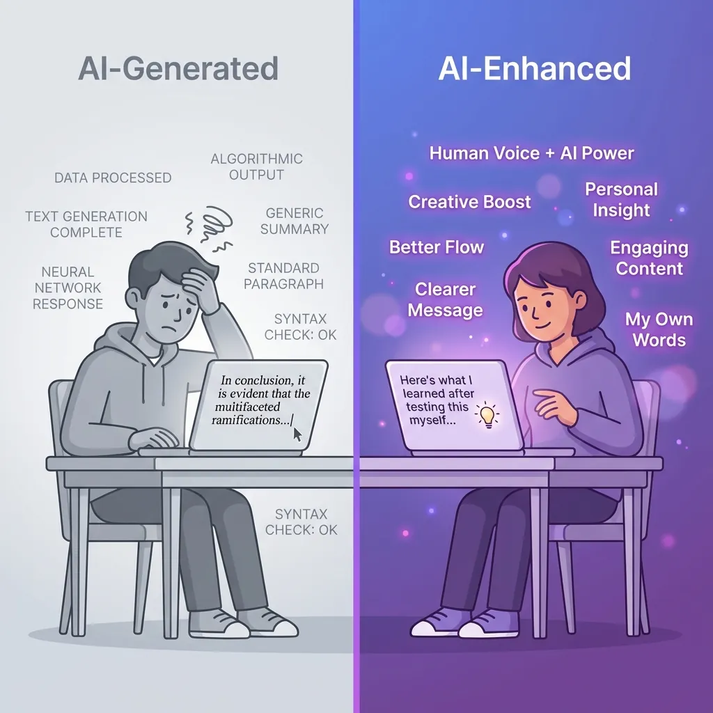 Split-screen illustration comparing AI-generated versus AI-enhanced student writing. Left side shows confused student with robotic academic text in gray tones. Right side shows confident student with natural conversational text highlighted in purple.