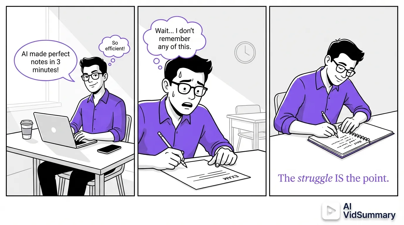 Three-panel comic strip showing a student's journey: first panel shows confident student using AI for notes, second panel shows confusion during exam, third panel shows student manually writing notes with understanding. Minimal line art style with purple accents.