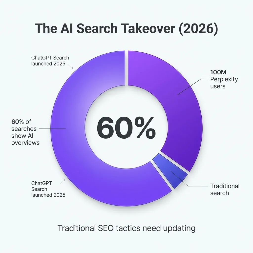 Pie chart showing AI search adoption statistics with largest purple segment representing 60% of searches showing AI overviews, second violet segment for 100M Perplexity users, and small indigo segment for traditional search, centered 60% statistic, titled The AI Search Takeover 2026 on white background