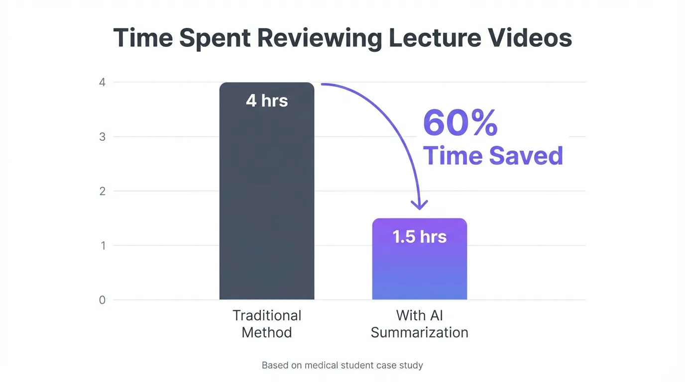 Bar chart comparing study time showing traditional method taking 4 hours versus AI summarization taking 1.5 hours, with 60% time saved callout highlighted in purple
