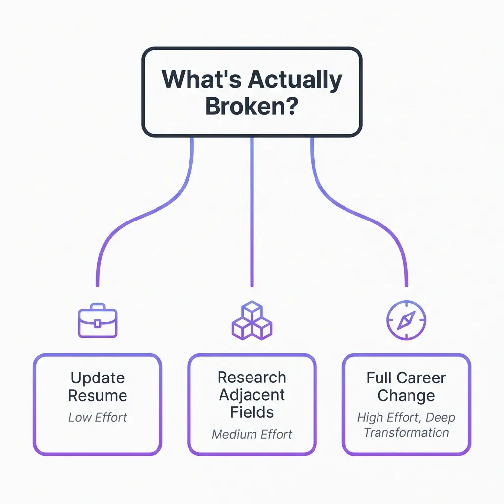 Minimalist decision tree diagram showing three career change paths branching from central question 'What's Actually Broken?' - left path shows company issues leading to resume update, middle path shows industry problems leading to field research, right path shows career misalignment leading to full transformation, illustrated with purple gradient lines and simple icons
