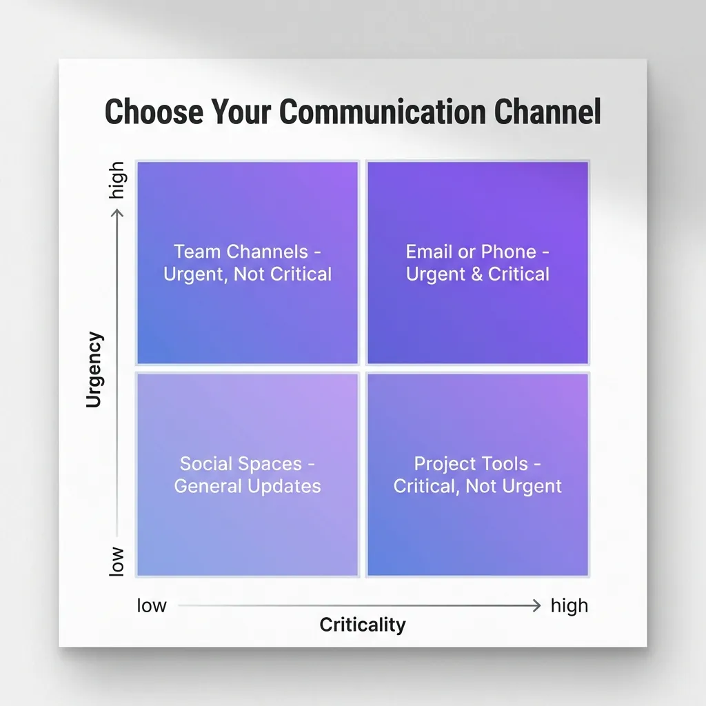 2x2 matrix diagram with purple gradient quadrants showing communication channel selection framework based on urgency and criticality axes, with white text labels for each quadrant