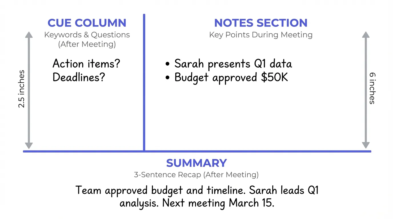 Educational diagram of Cornell Note-Taking Method showing rectangular page divided into three sections: left cue column (2.5 inches) for keywords and questions, right notes section (6 inches) for key points, and bottom summary section for recap, with sample content and dimensional measurements, clean line art in indigo and black on white background
