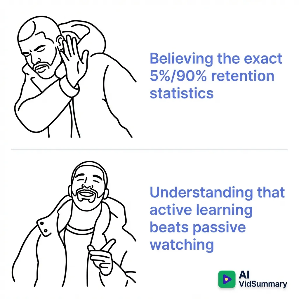 Active Learning vs. Passive Statistics: The Drake Meme Truth Drake meme format illustration with two panels: top panel shows Drake disapproving of believing exact retention statistics, bottom panel shows Drake approving of understanding active learning principles. Clean minimalist line art style on white background with purple brand accent color.