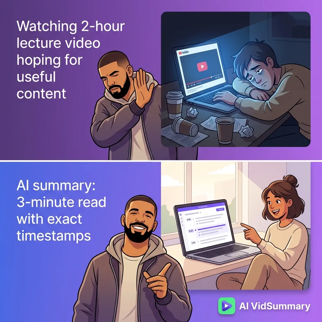 Drake meme format illustration showing two panels: top panel with Drake rejecting and frustrated student watching 2-hour lecture video, bottom panel with Drake approving and happy student viewing AI-generated 3-minute summary with timestamps, purple gradient background