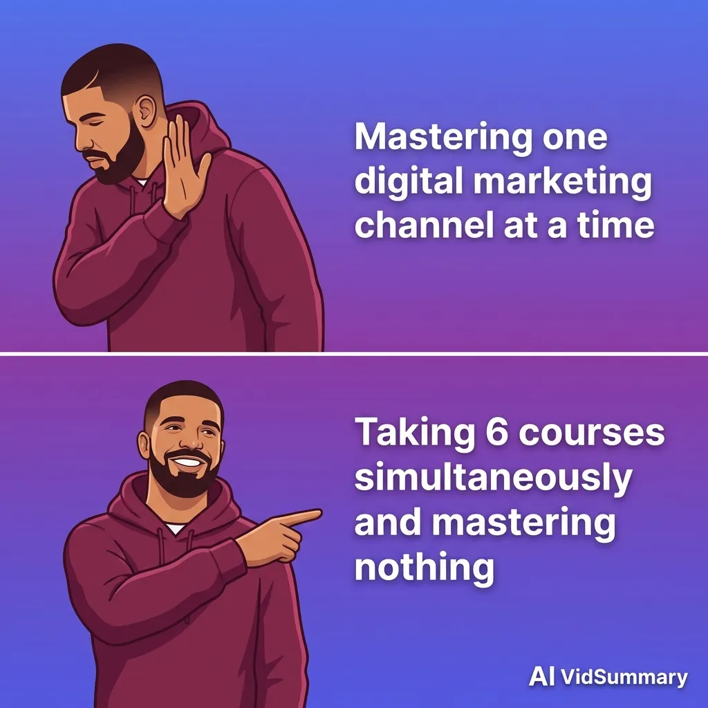 Drake meme format with two panels in purple and blue gradient. Top panel shows Drake rejecting 'mastering one channel at a time', bottom panel shows Drake approving 'taking 6 courses and mastering nothing' - humorous take on learning overwhelm