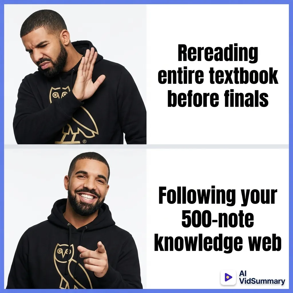 Drake meme format showing disapproval of rereading textbooks in top panel and approval of using a 500-note knowledge web in bottom panel, with clean white background and bold black text