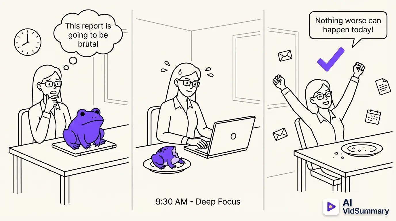 Three-panel comic strip showing a professional woman's journey with the 'eat the frog' productivity method: first panel shows her anxious at a desk with a large purple frog on her laptop, second panel shows her working with determination as she tackles the challenge, third panel shows her victorious with the task completed and smaller tasks looking insignificant around her