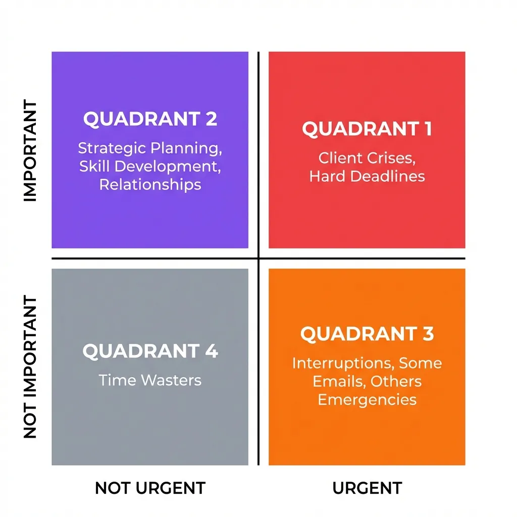 2x2 matrix diagram showing the Eisenhower time management framework with four color-coded quadrants: purple Quadrant 2 for strategic planning and skill development, red Quadrant 1 for urgent crises and deadlines, gray Quadrant 4 for time wasters, and orange Quadrant 3 for interruptions and emails. Axes labeled Important/Not Important vertically and Not Urgent/Urgent horizontally.
