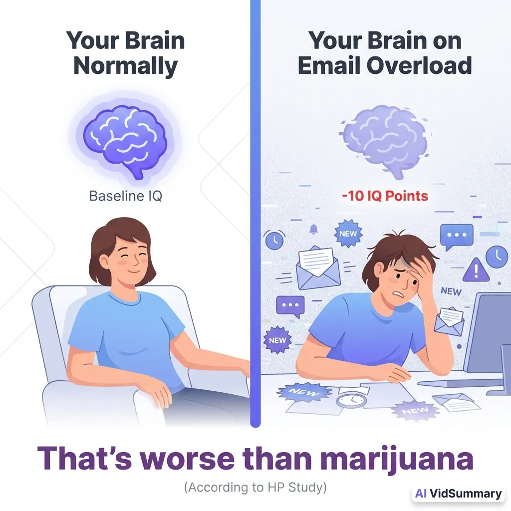 Split-screen illustration comparing brain function: left panel shows relaxed person with bright purple glowing brain labeled 'Baseline IQ', right panel shows stressed person at desk surrounded by notification icons with dimmed brain labeled '-10 IQ Points', text reads 'That's worse than marijuana (According to HP Study)'