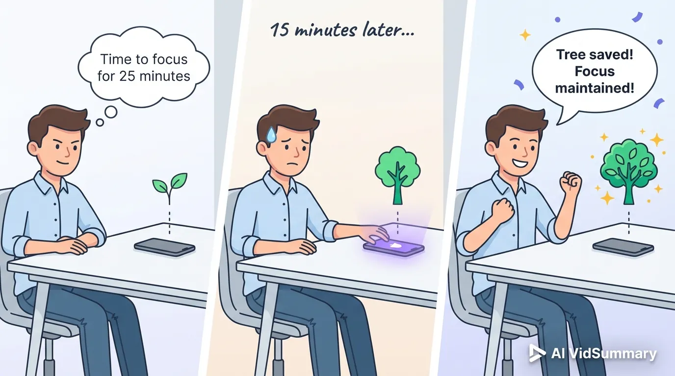 Three-panel comic strip showing a student's journey with Forest app: Panel 1 shows student starting 25-minute focus session with small seedling icon above phone; Panel 2 shows student tempted by phone notification 15 minutes later with growing tree icon; Panel 3 shows student resisting temptation, keeping phone on desk with fully grown tree and celebration sparkles