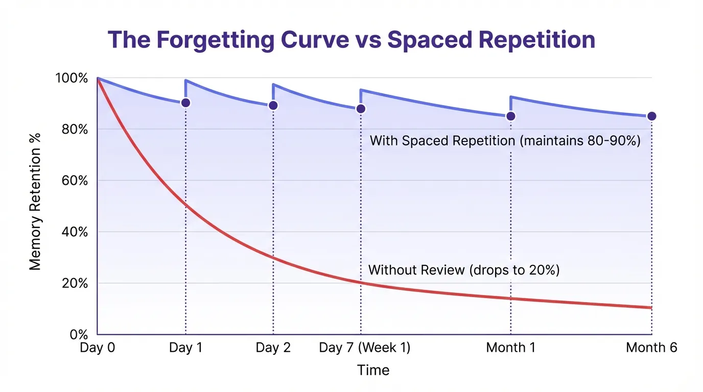 Line graph comparing memory retention over time, showing a red declining curve labeled 'Without Review' dropping from 100% to 20% within a week, versus a blue stair-step curve labeled 'With Spaced Repetition' maintaining 80-90% retention over 6 months through strategic review intervals at Day 1, Day 2, Week 1, Month 1, and Month 6