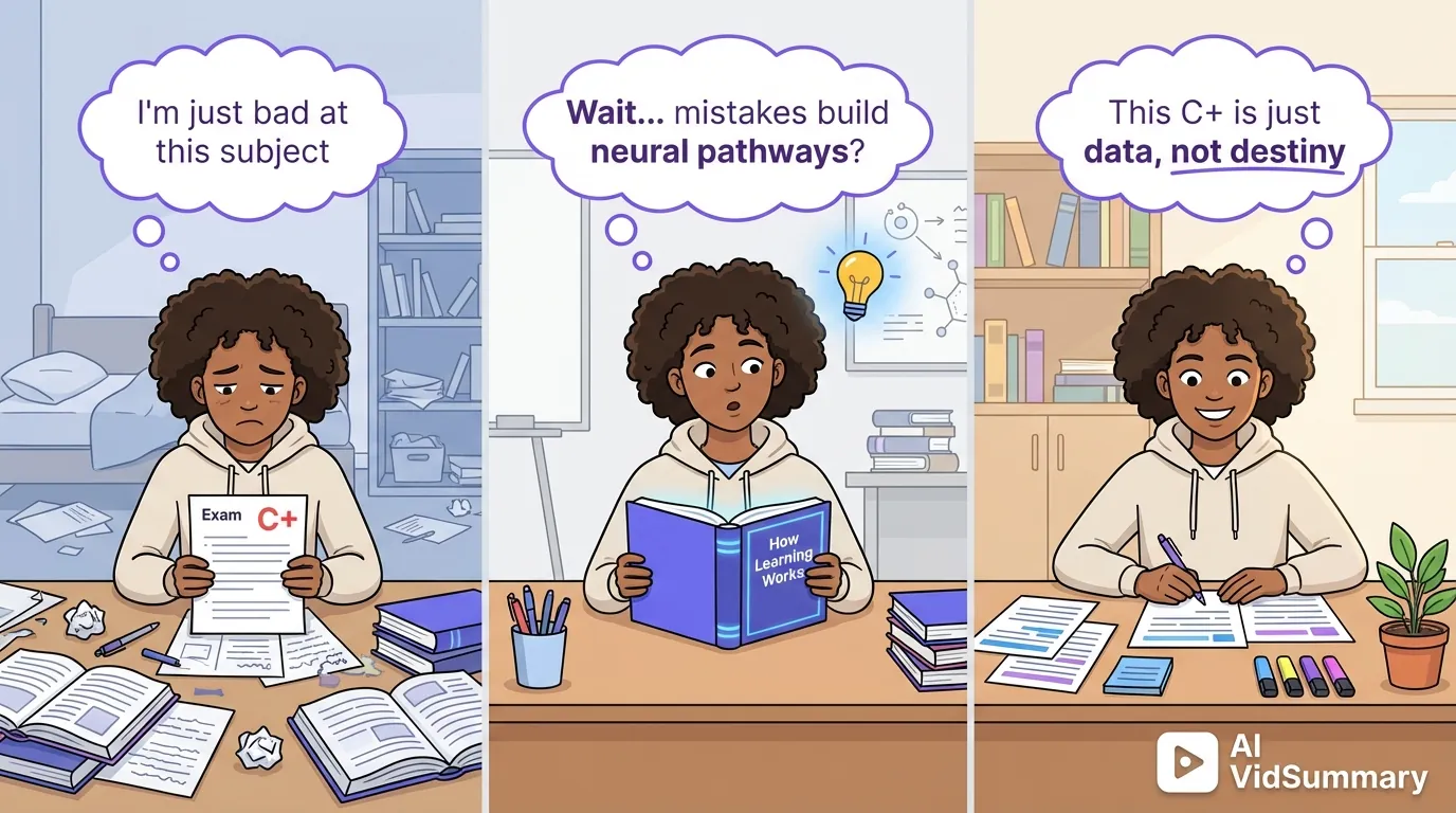 Three-panel comic strip showing student's growth mindset transformation: Panel 1 shows disappointed student holding C+ exam at messy desk thinking 'I'm just bad at this subject', Panel 2 shows same student reading with lightbulb moment thinking 'mistakes build neural pathways', Panel 3 shows confident student studying at organized desk thinking 'This C+ is just data, not destiny'. Clean line art style with purple and blue accents.