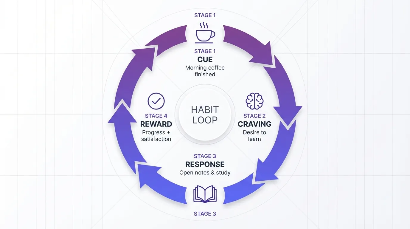 The Four-Stage Habit Loop: Cue, Craving, Response, Reward Circular habit formation diagram showing four connected stages in clockwise flow: Cue (coffee cup icon, morning coffee trigger), Craving (brain icon, desire to learn), Response (book icon, study action), and Reward (checkmark icon, progress satisfaction). Purple to blue gradient arrows connect each stage in continuous loop with 'Habit Loop' text at center. Clean infographic design on white background with subtle grid pattern.