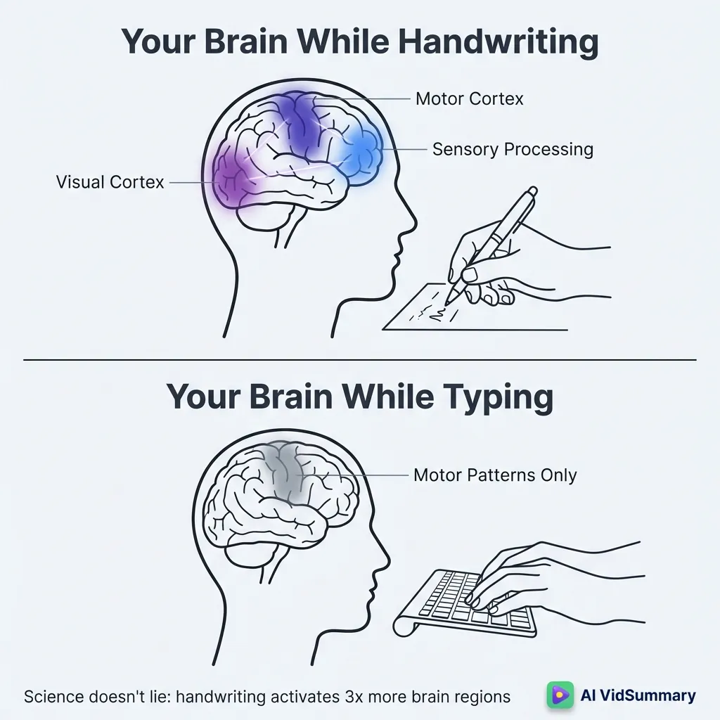 Two-panel infographic comparing brain activity: top panel shows human head profile with three colorful brain regions (visual cortex, motor cortex, sensory processing) lit up while handwriting; bottom panel shows same head with only one small region active while typing on keyboard. Caption reads 'Science doesn't lie: handwriting activates 3x more brain regions'