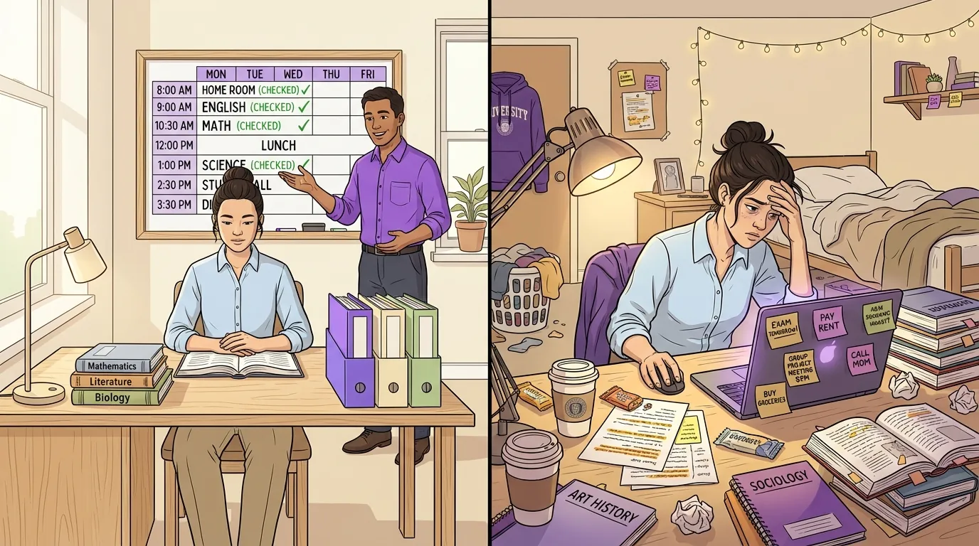 Split-screen illustration comparing organized high school student at clean desk with teacher pointing at schedule board on left, versus overwhelmed college student alone at messy desk surrounded by scattered papers and multiple coffee cups on right, rendered in clean line art style with warm colors and purple accents
