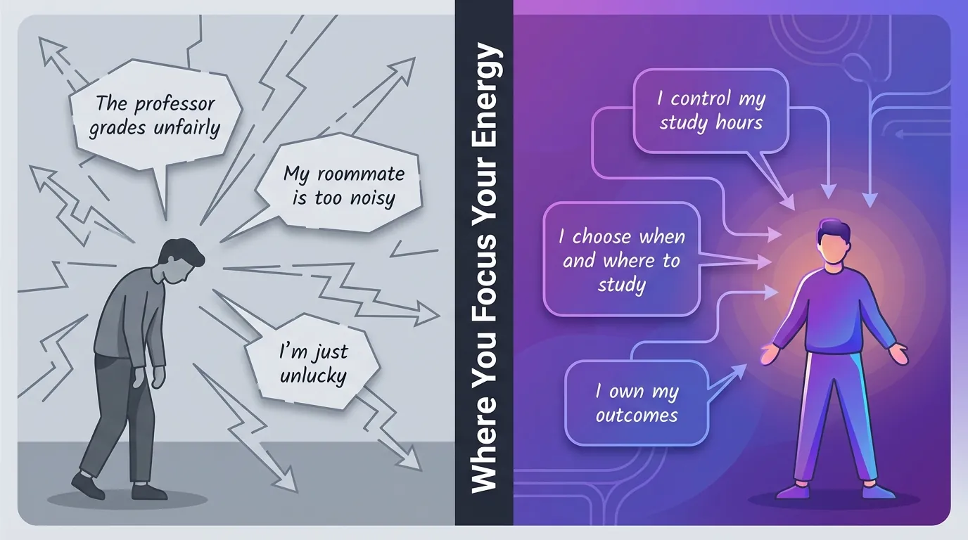 Split-screen diagram comparing external versus internal locus of control. Left side shows gray-toned figure with thought bubbles about external blame pointing outward. Right side shows empowered figure in purple and blue gradient with thought bubbles about personal control pointing inward. Center text reads 'Where You Focus Your Energy'.