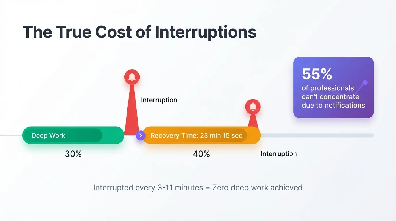 Timeline infographic showing the cost of workplace interruptions. Green bar labeled 'Deep Work' is interrupted by red spike with notification icon, followed by orange 'Recovery Time: 23 min 15 sec' bar that gets interrupted again before completion. Purple statistic box shows '55% of professionals can't concentrate due to notifications'. Bottom text reads 'Interrupted every 3-11 minutes = Zero deep work achieved'.
