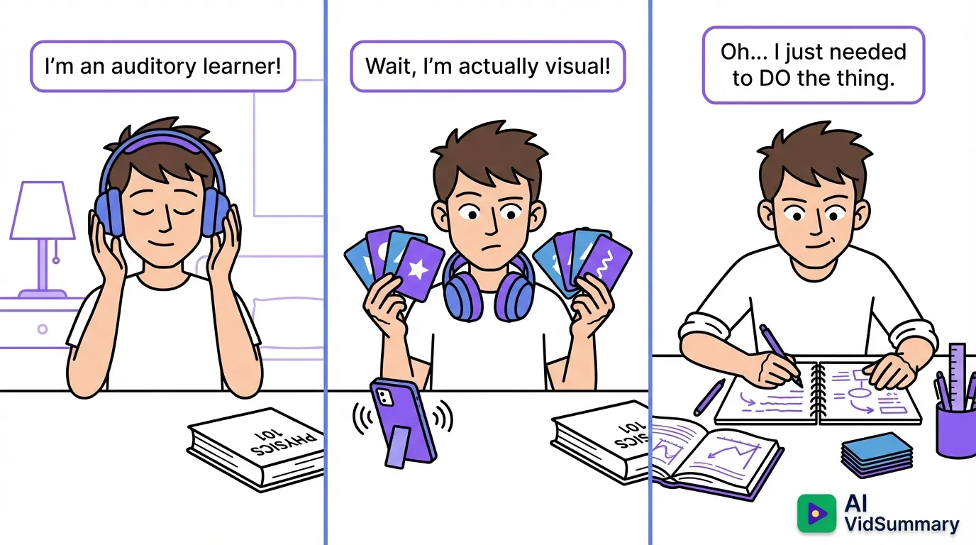 Three-panel comic strip showing a student discovering that active practice beats learning style preferences. Panel 1 shows student with headphones ignoring textbook, Panel 2 shows student with flashcards while podcast plays, Panel 3 shows student actively practicing and having a realization