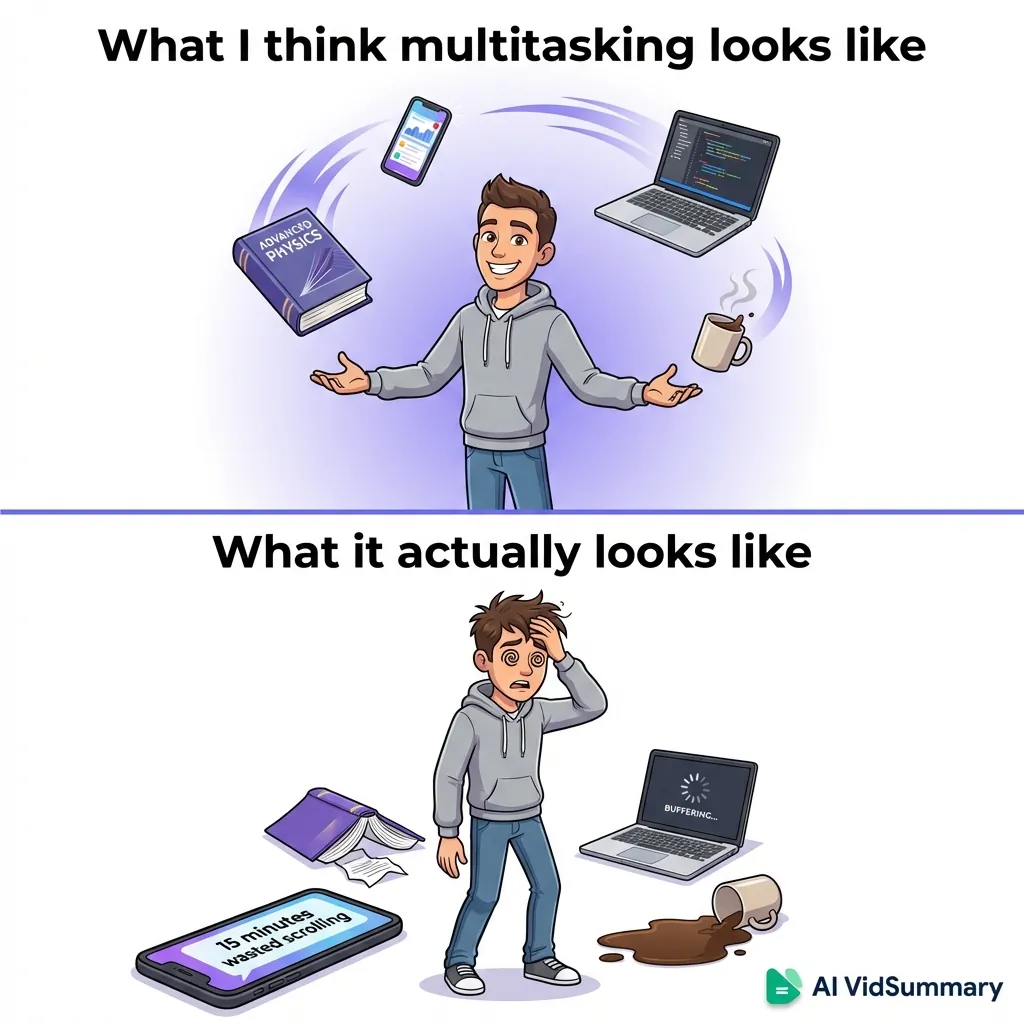 Two-panel meme illustration showing top panel with confident student juggling textbook, laptop, phone and coffee with purple motion trails, bottom panel shows same student exhausted with all items dropped, phone displaying '15 minutes wasted' notification