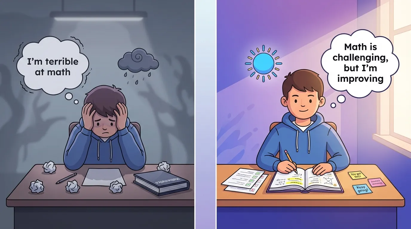 Split-screen illustration comparing negative and positive self-talk in students. Left panel shows hunched student with closed math book, thought bubble reading 'I'm terrible at math', and dark storm cloud overhead in gray tones. Right panel shows same student sitting confidently with open math book, thought bubble reading 'Math is challenging, but I'm improving', and bright sunshine overhead in purple and blue tones.
