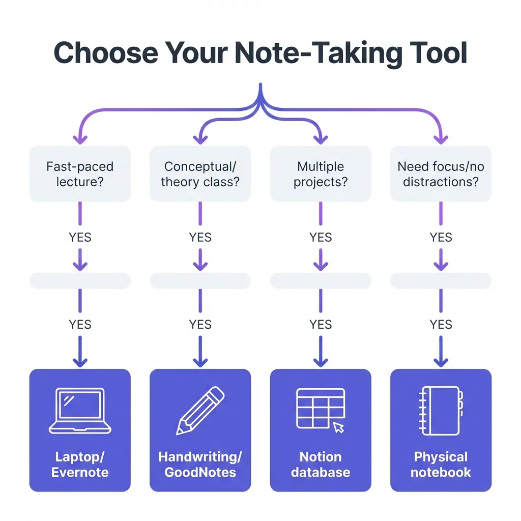 Decision tree flowchart diagram showing four branches for choosing note-taking methods: laptop for fast-paced lectures, handwriting for conceptual classes, Notion for multiple projects, and physical notebooks for focused work. Purple connecting lines on white background with simple icons.