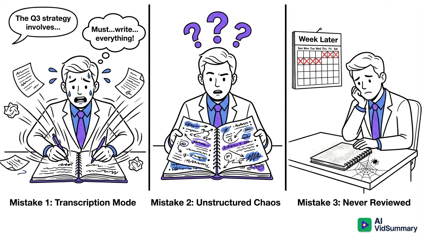 Three-panel comic strip showing common note-taking mistakes: Panel 1 shows a professional frantically writing everything down with papers flying, Panel 2 shows the same person confused by chaotic unstructured notes, Panel 3 shows a dusty closed notebook never reviewed a week later