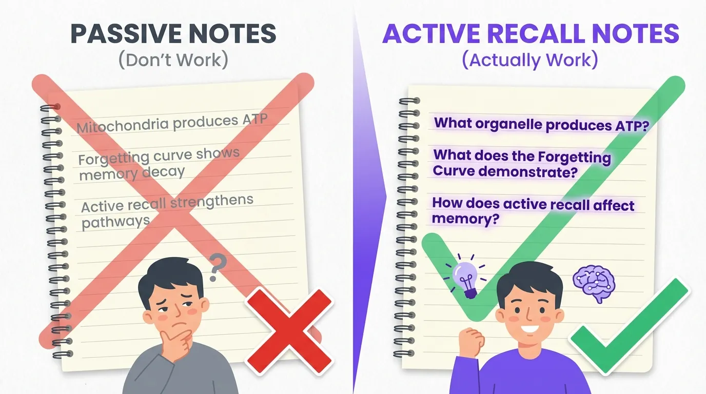 Split-screen educational illustration comparing passive note-taking (left side with gray text statements and confused student) versus active recall note-taking (right side with purple question-format notes and confident student), with red X over passive notes and green checkmark over active recall notes