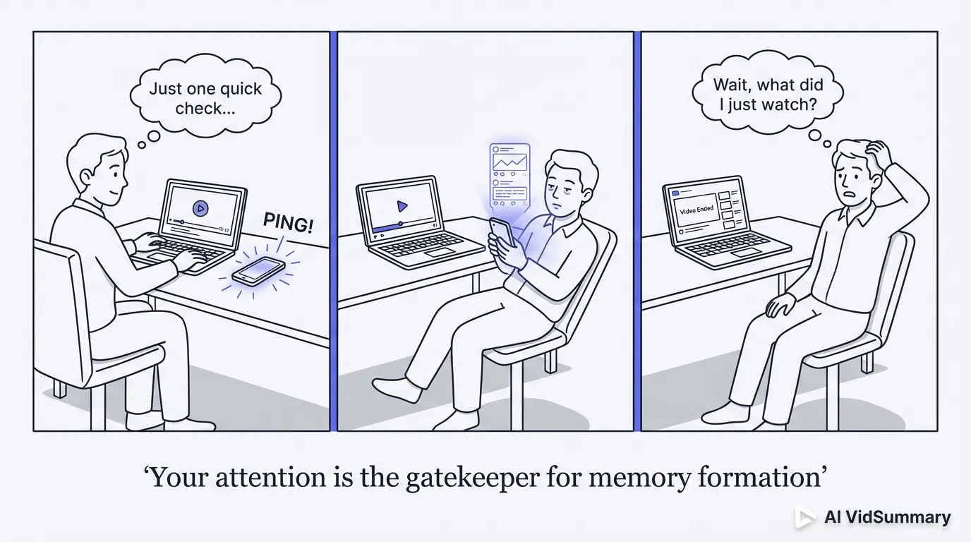 The Distraction Cycle: Why Phone Notifications Kill Video Learning Three-panel comic strip showing a person at desk watching educational video: first panel shows person engaged with laptop as phone buzzes, second panel shows person scrolling phone while video plays ignored, third panel shows confused person after video ends. Caption reads 'Your attention is the gatekeeper for memory formation'