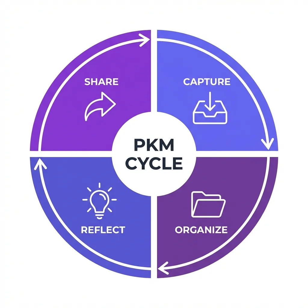 The Four Pillars of Personal Knowledge Management (PKM Cycle) Circular diagram showing four Personal Knowledge Management pillars - Capture, Organize, Reflect, and Share - arranged clockwise with connecting arrows, each segment in different purple shades with corresponding icons, center text reads PKM Cycle