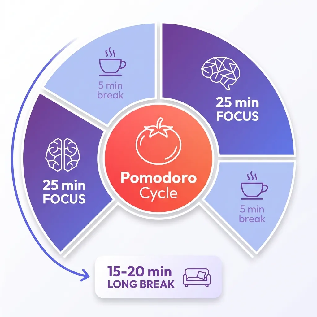 Circular Pomodoro Technique diagram showing four 25-minute focus sessions in purple alternating with 5-minute breaks in light blue, with tomato icon in center and arrow pointing to 15-20 minute long break box