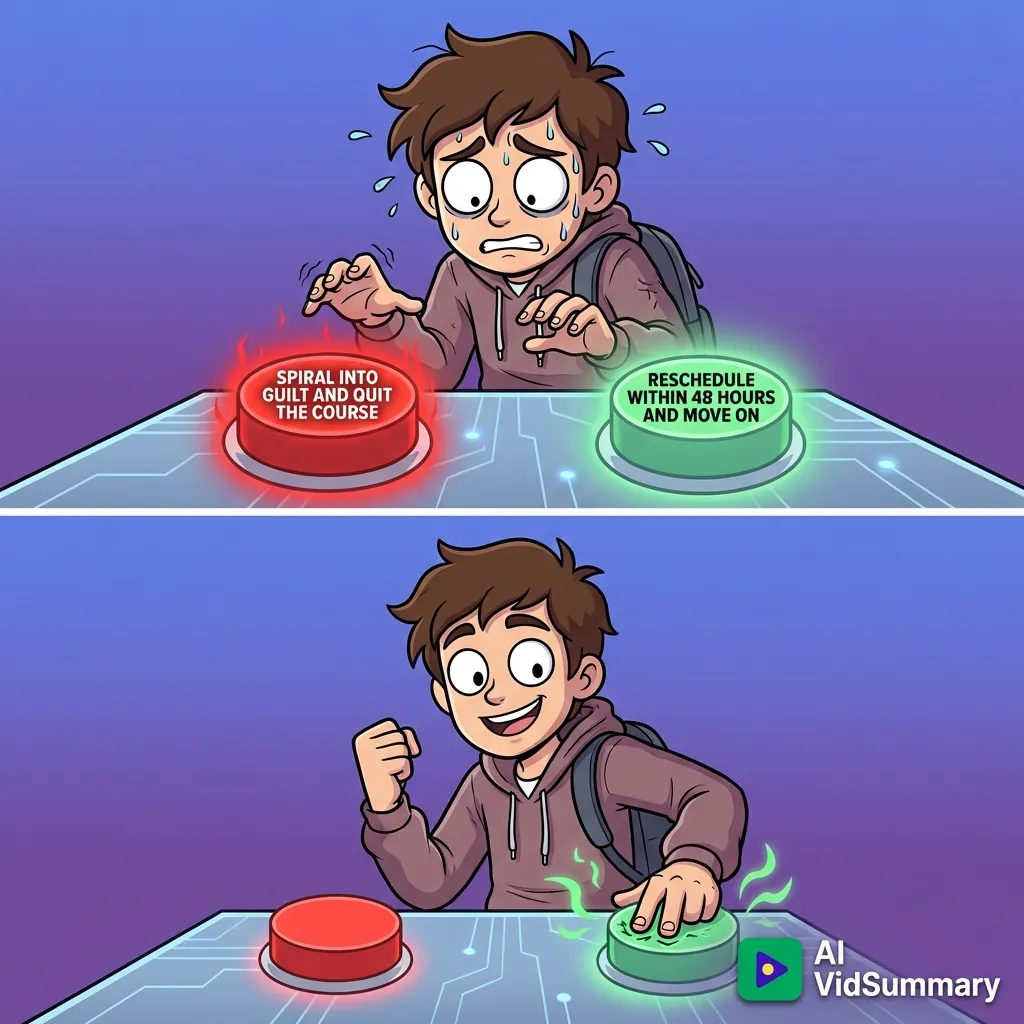 Two-panel cartoon meme showing stressed student choosing between red 'quit course' button and green 'reschedule within 48 hours' button in top panel, then confidently pressing green button with relieved smile in bottom panel, purple-blue gradient background
