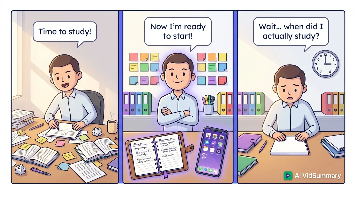 The Productivity Trap: When Organizing Becomes Procrastination Three-panel comic strip showing a person's productivity procrastination journey: first panel shows them excited to study at a messy desk, second panel shows them surrounded by new planners and apps looking satisfied, third panel shows them staring at a blank notebook three hours later realizing they never actually studied
