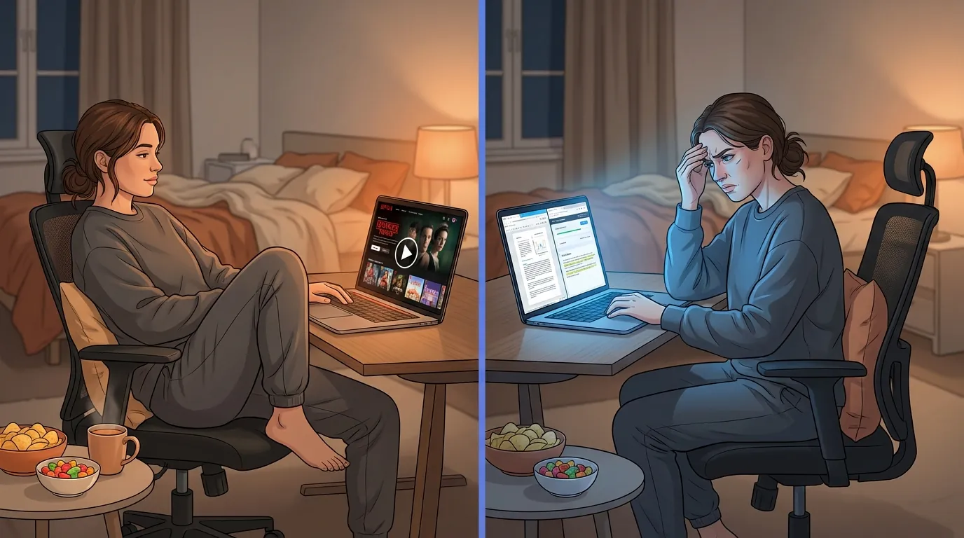 Split-screen illustration showing the same person in a bedroom: left side relaxed watching Netflix with snacks, right side frustrated trying to study on the same laptop in the same chair, demonstrating the mental battle between leisure and productivity