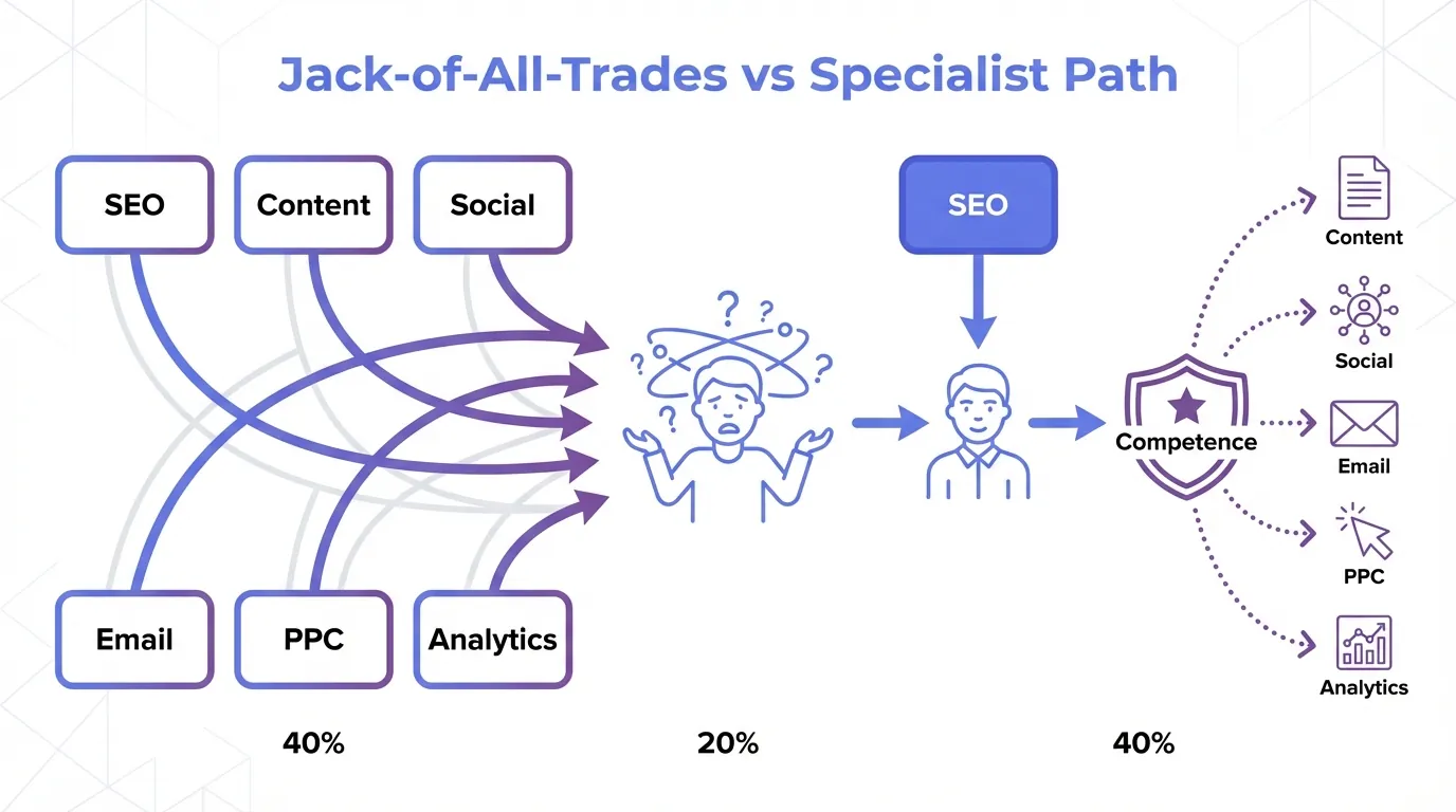 Flowchart infographic comparing jack-of-all-trades approach versus specialist path. Left side shows six marketing channels (SEO, Content, Social, Email, PPC, Analytics) with arrows pointing to confused person icon. Right side shows linear progression from SEO to competence to branching success, illustrated with clean line art in blue and purple colors on white background.