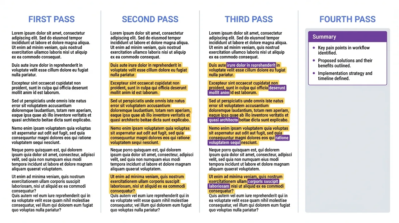 Educational diagram showing four-column progressive text summarization process, from full article text to yellow sentence highlights to purple phrase highlights to final bullet-point summary box, demonstrating AI content distillation stages