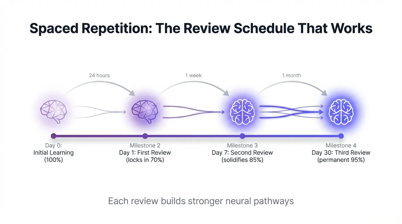 Spaced Repetition Review Schedule Timeline - Optimal Learning Intervals Educational timeline infographic showing spaced repetition learning schedule with four review points at Day 0, Day 1, Day 7, and Day 30, each marked with progressively glowing brain icons and retention percentages from 100% to 95%, connected by purple-to-indigo gradient timeline on white background