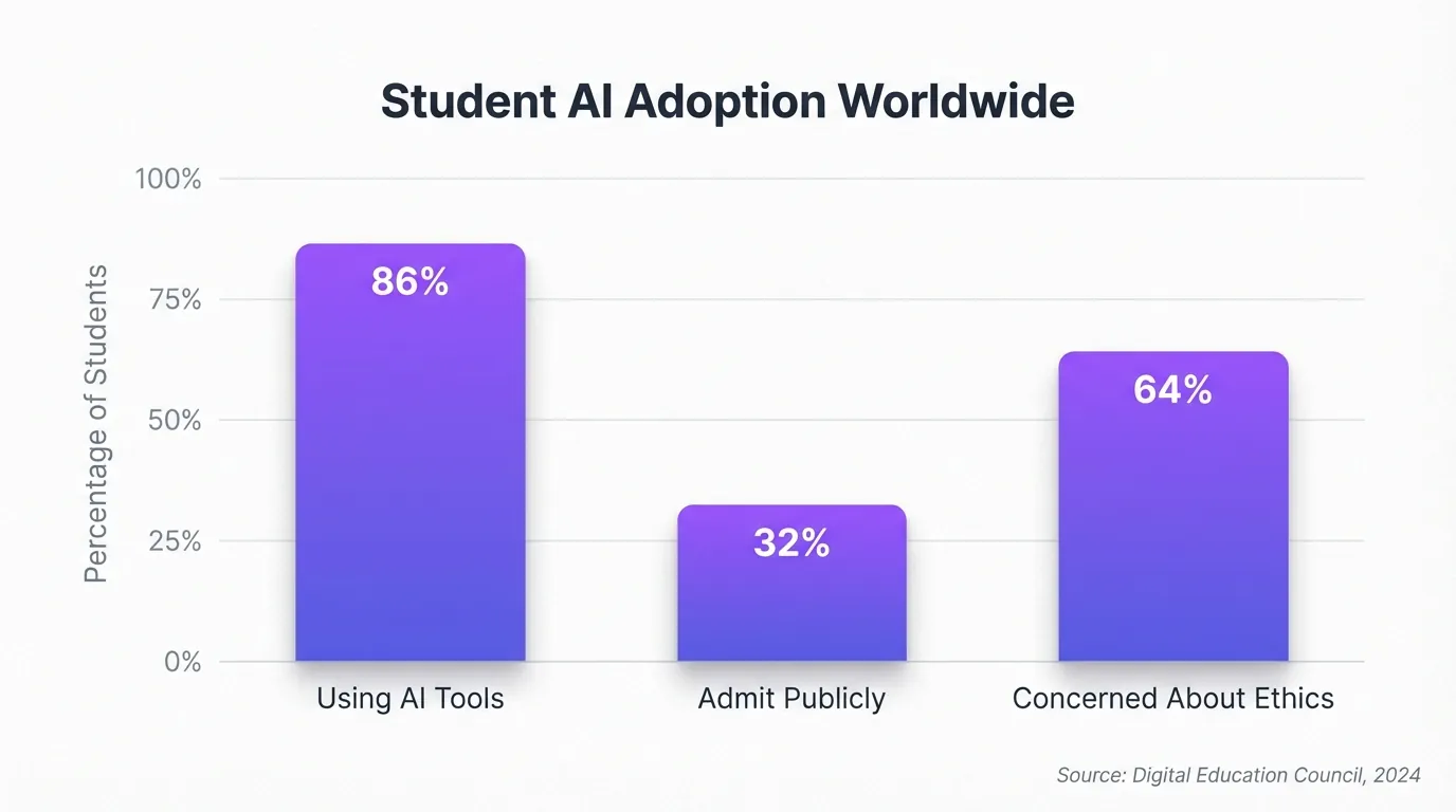 Bar chart showing student AI adoption statistics with three purple gradient bars: 86% using AI tools, 32% admit publicly, and 64% concerned about ethics, on white background with clear grid lines