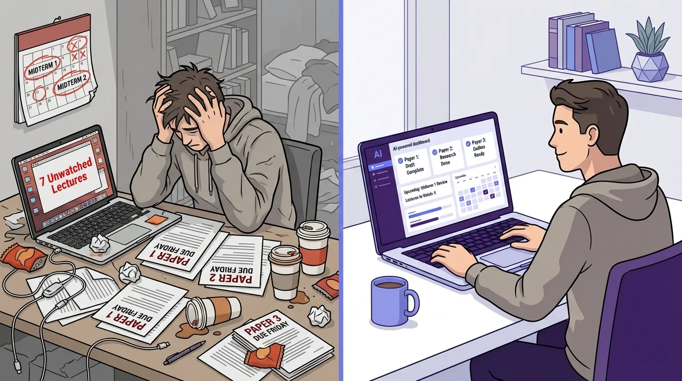 Split-screen illustration showing a stressed college student with cluttered desk and papers on the left, transformed to calm student with organized digital workspace on the right, demonstrating before and after using AI productivity tools