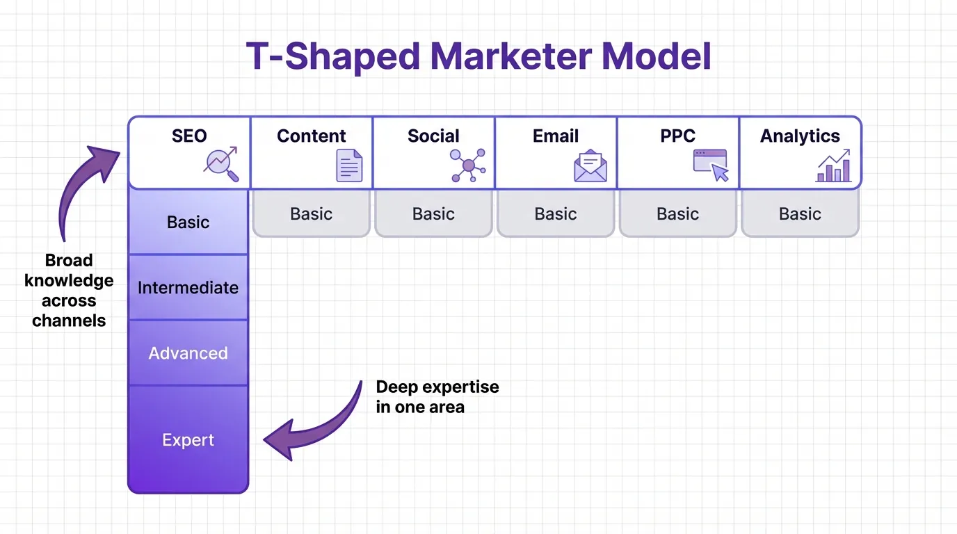 Infographic diagram showing T-shaped marketer model with horizontal bar representing six marketing channels (SEO, Content, Social, Email, PPC, Analytics) and vertical bar extending from SEO showing four depth levels (Basic, Intermediate, Advanced, Expert) in purple gradient