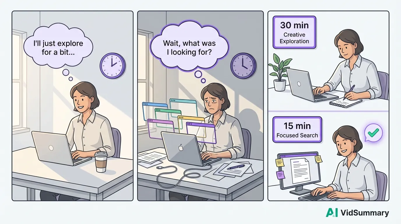Three-panel comic strip illustration showing productivity progression: left panel shows person at desk thinking 'I'll just explore for a bit' with clock at 2 PM, center panel shows same person confused with multiple browser tabs at 4 PM thinking 'Wait, what was I looking for?', right panel split into two sections showing successful time-boxing with 30-minute creative exploration timer and 15-minute focused search timer, both showing satisfied completion