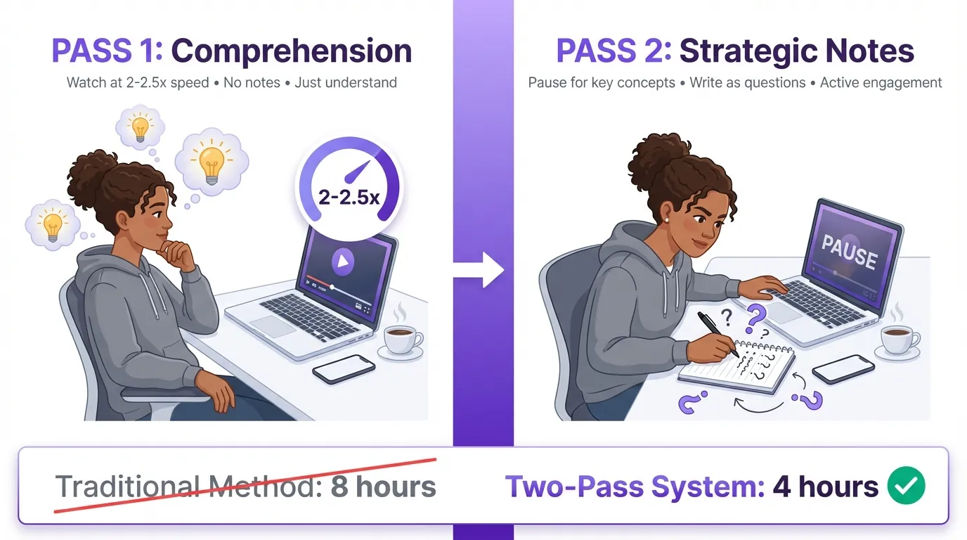Side-by-side illustrated comparison of two-pass note-taking method. Left panel shows student watching video at 2x speed with thought bubbles and lightbulbs, labeled 'Pass 1: Comprehension'. Right panel shows same student paused and actively writing notes with question marks, labeled 'Pass 2: Strategic Notes'. Purple arrow connects panels. Bottom banner shows time savings: traditional 8 hours crossed out, two-pass system 4 hours with checkmark.