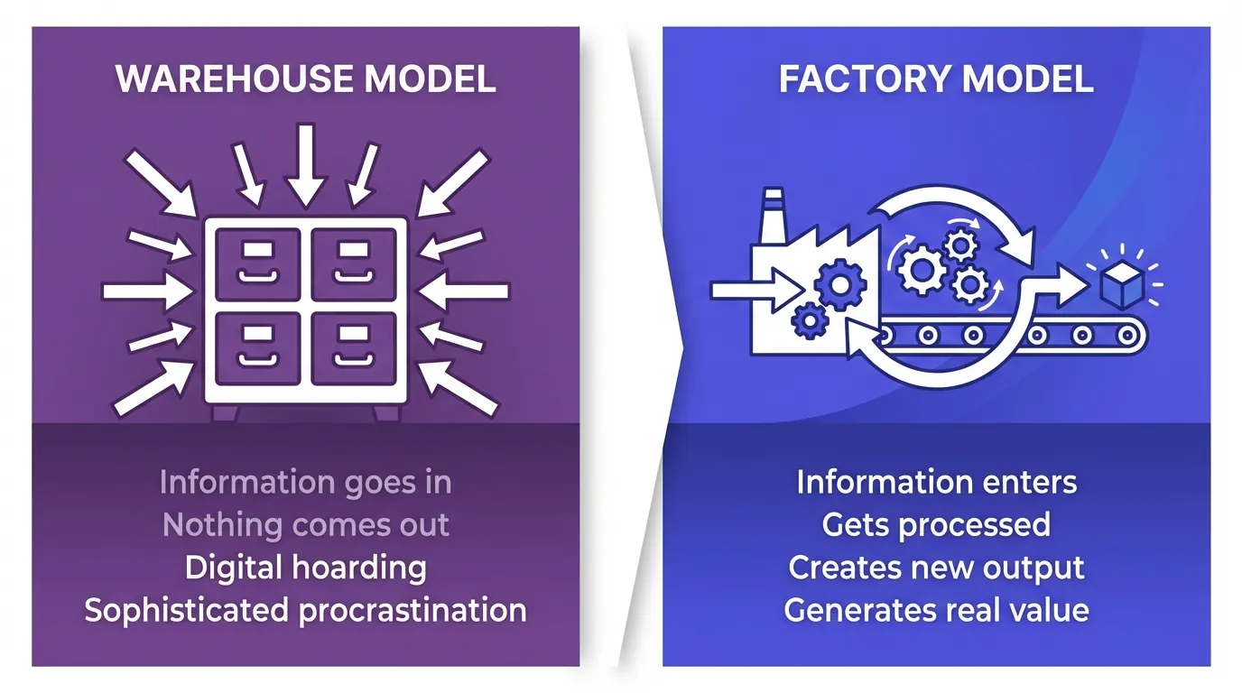 Split-screen illustration comparing two information processing models: left side shows purple Warehouse Model with filing cabinet icon and arrows pointing inward representing digital hoarding; right side shows blue Factory Model with conveyor belt icon and circular arrows representing productive information processing and value creation