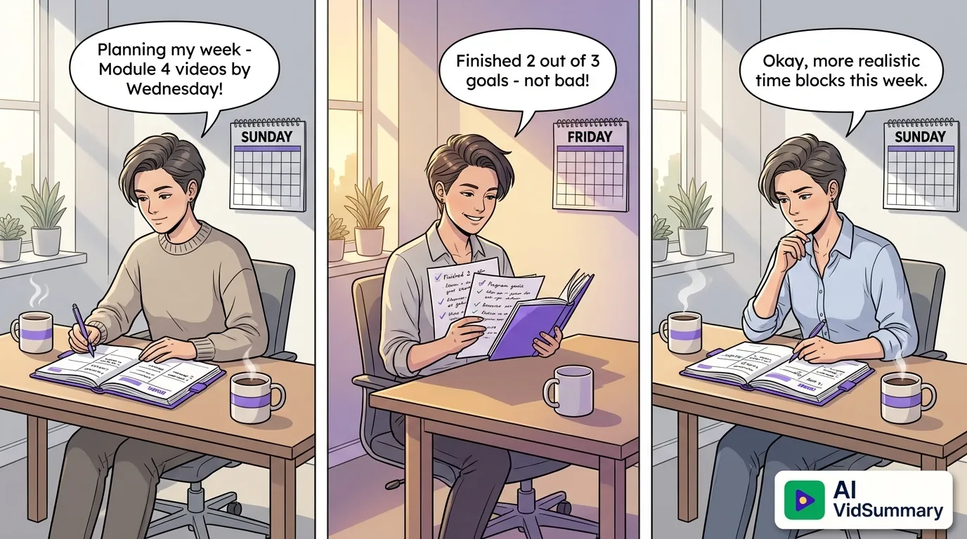Three-panel comic strip showing a person's weekly accountability routine: planning on Sunday morning with coffee and planner, reviewing progress on Friday afternoon with satisfaction, and adjusting plans the following Sunday for continuous improvement. Clean line art style with purple accents.