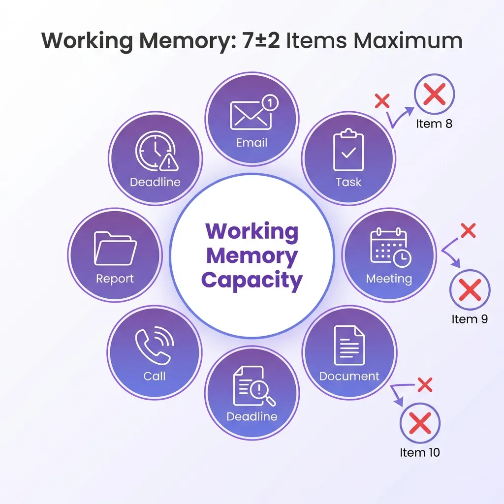 Educational diagram showing working memory capacity with central purple circle labeled 'Working Memory Capacity' surrounded by 7 filled slots containing icons for email, task, meeting, document, call, report, and deadline. Three additional items outside the circle are marked with red X symbols to indicate overflow beyond the 7±2 item limit.