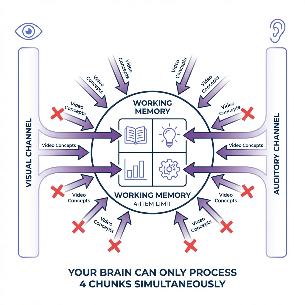 Working Memory Limitations During Video Learning - Cognitive Load Diagram Educational diagram showing working memory with four slots in a central circle, surrounded by ten incoming arrows labeled 'Video Concepts' - four arrows connect successfully while six are blocked with red X marks, illustrating the brain's 4-item processing limit