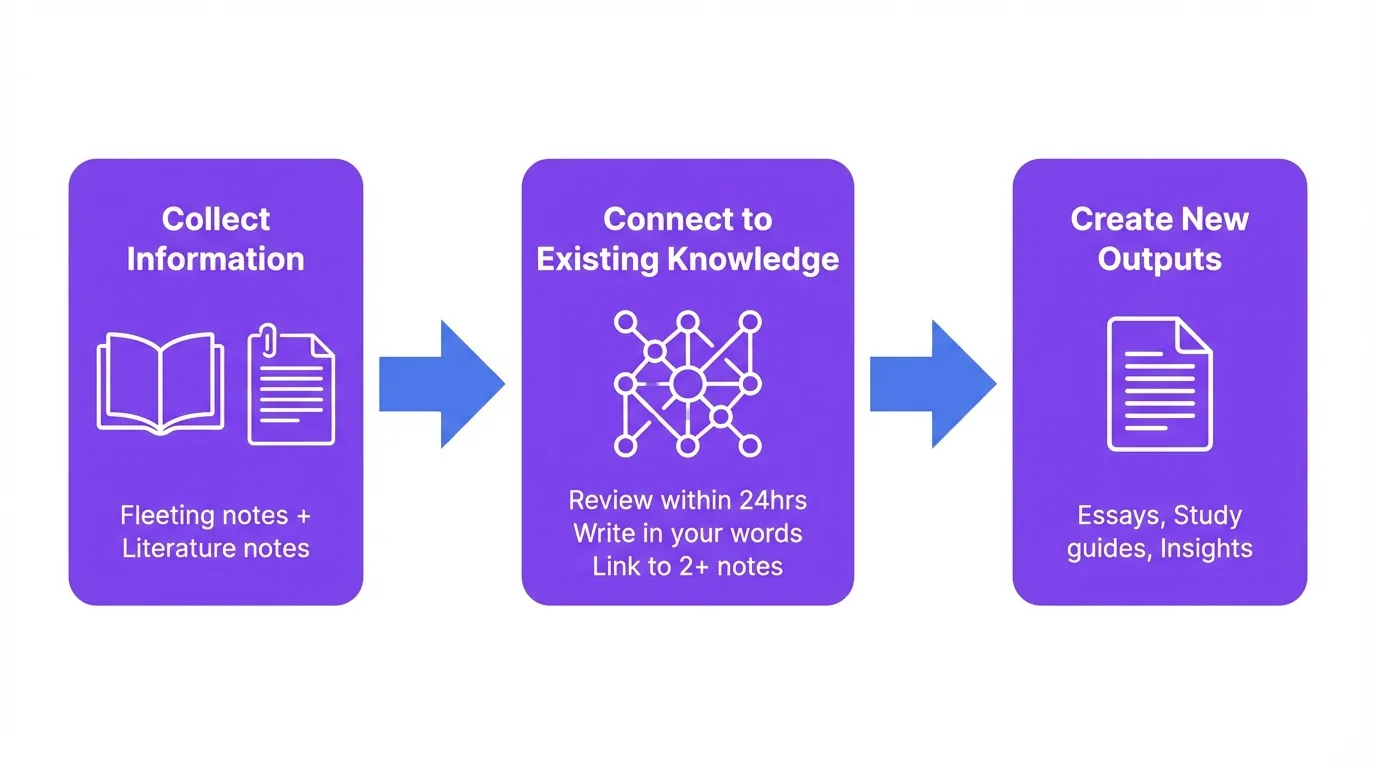 Educational flowchart diagram showing three-stage Zettelkasten note-taking workflow: Stage 1 'Collect Information' with book icons, Stage 2 'Connect to Existing Knowledge' with linked nodes icon, Stage 3 'Create New Outputs' with document icon, connected by blue arrows on white background