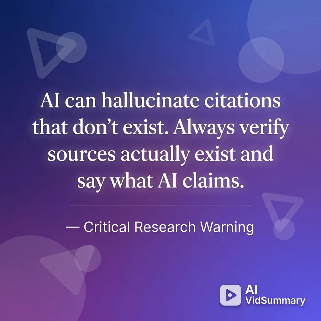Inspirational quote card with gradient purple background displaying white text that reads 'AI can hallucinate citations that don't exist. Always verify sources actually exist and say what AI claims.' with attribution to Critical Research Warning, featuring elegant typography and subtle geometric shapes